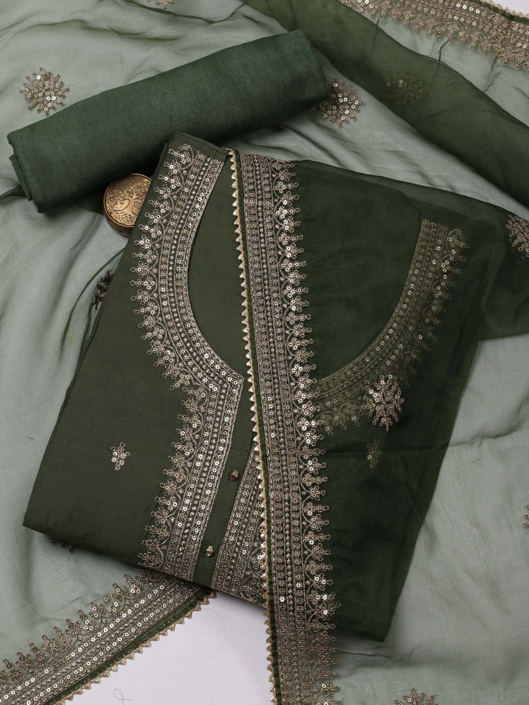 

Meena Bazaar Embroidered Art Silk Unstitched Dress Material, Green