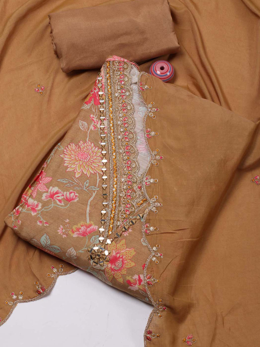 

Meena Bazaar Floral Printed Mirror Work Detailed Unstitched Dress Material, Brown