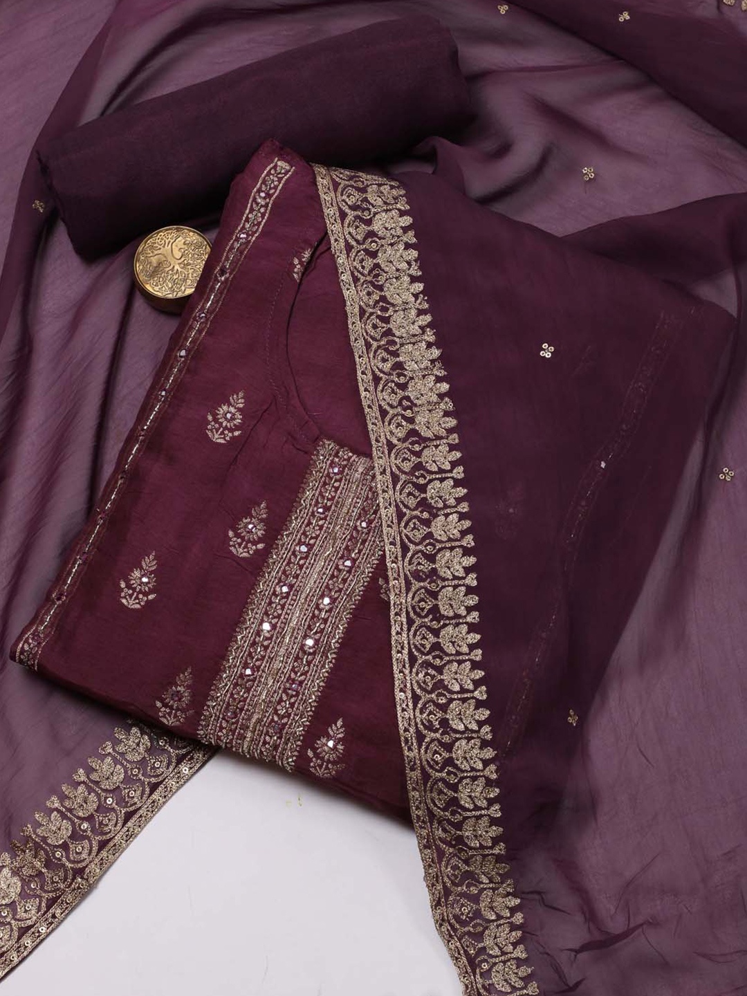 

Meena Bazaar Floral Embroidered Zari Unstitched Dress Material, Purple