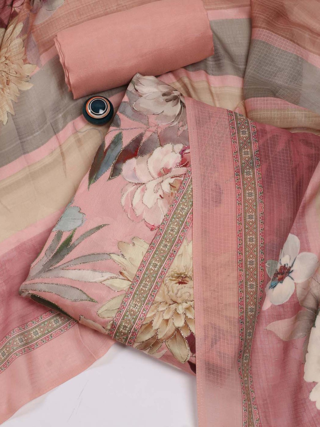 

Meena Bazaar Floral Printed Unstitched Dress Material, Peach