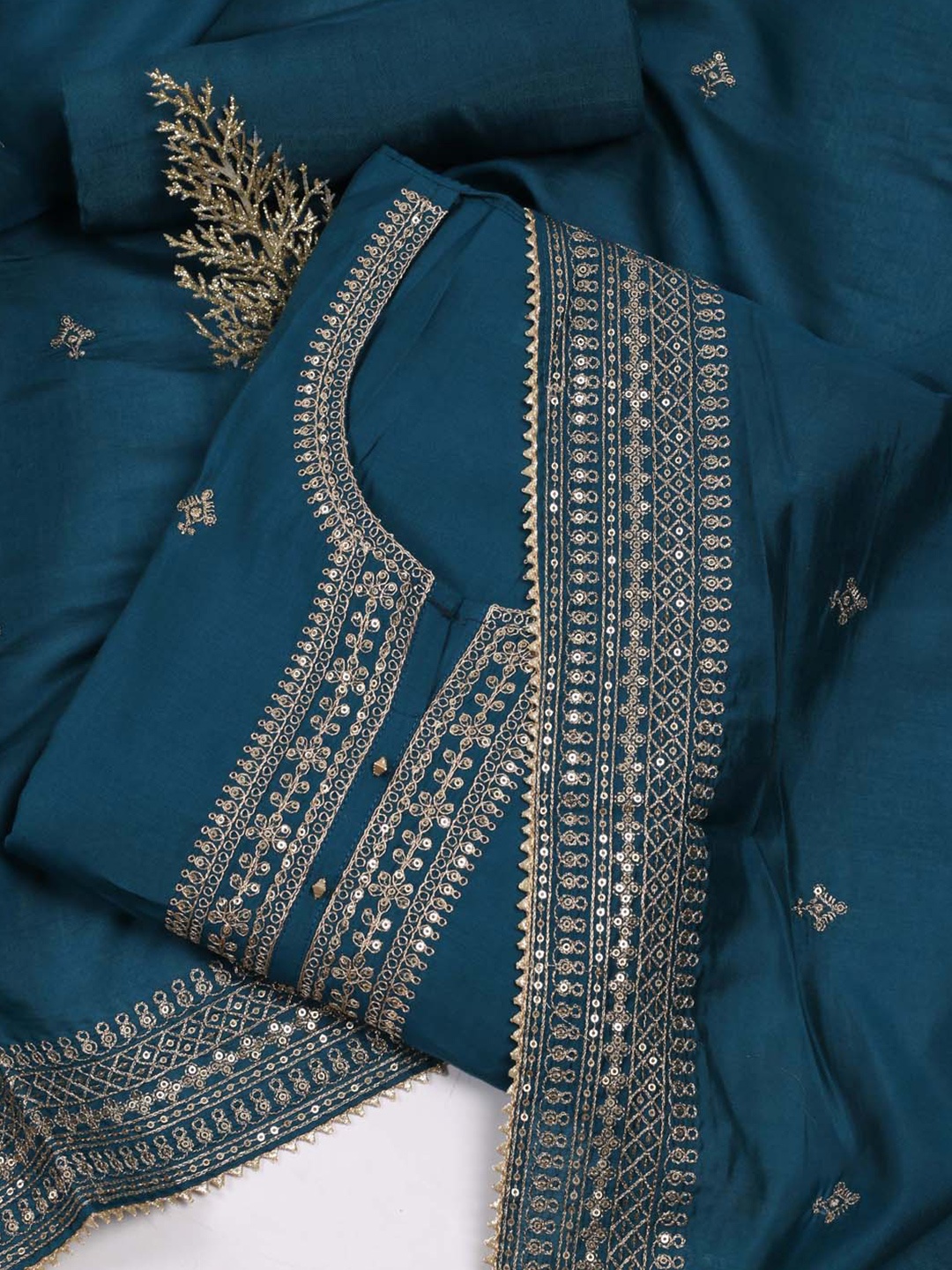 

Meena Bazaar Ethnic Motifs Embroidered Sequinned Unstitched Dress Material, Blue
