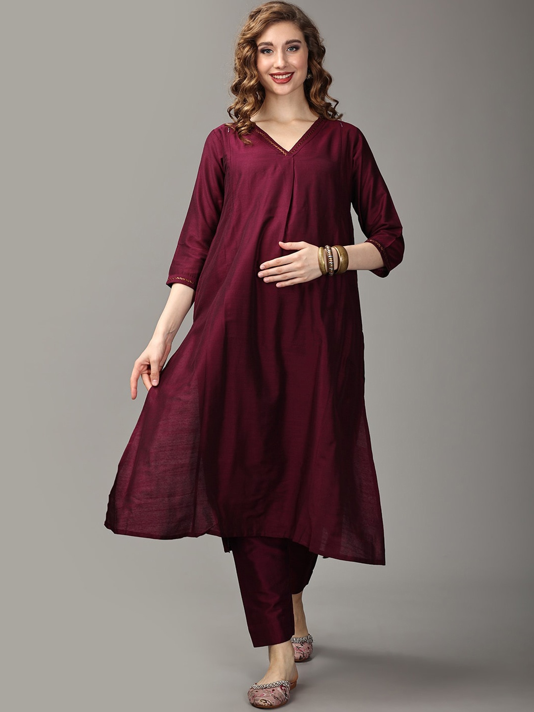 The Mom Store V-Neck Maternity A-Line Kurta with Trousers, Burgundy