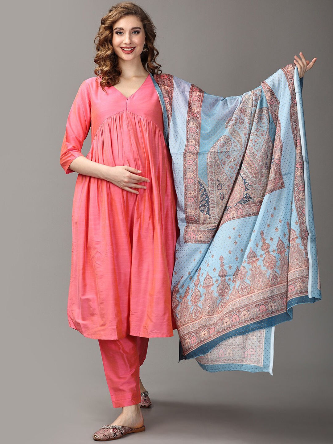 

The Mom Store V-Neck Maternity Kurta with Trousers & Dupatta, Peach