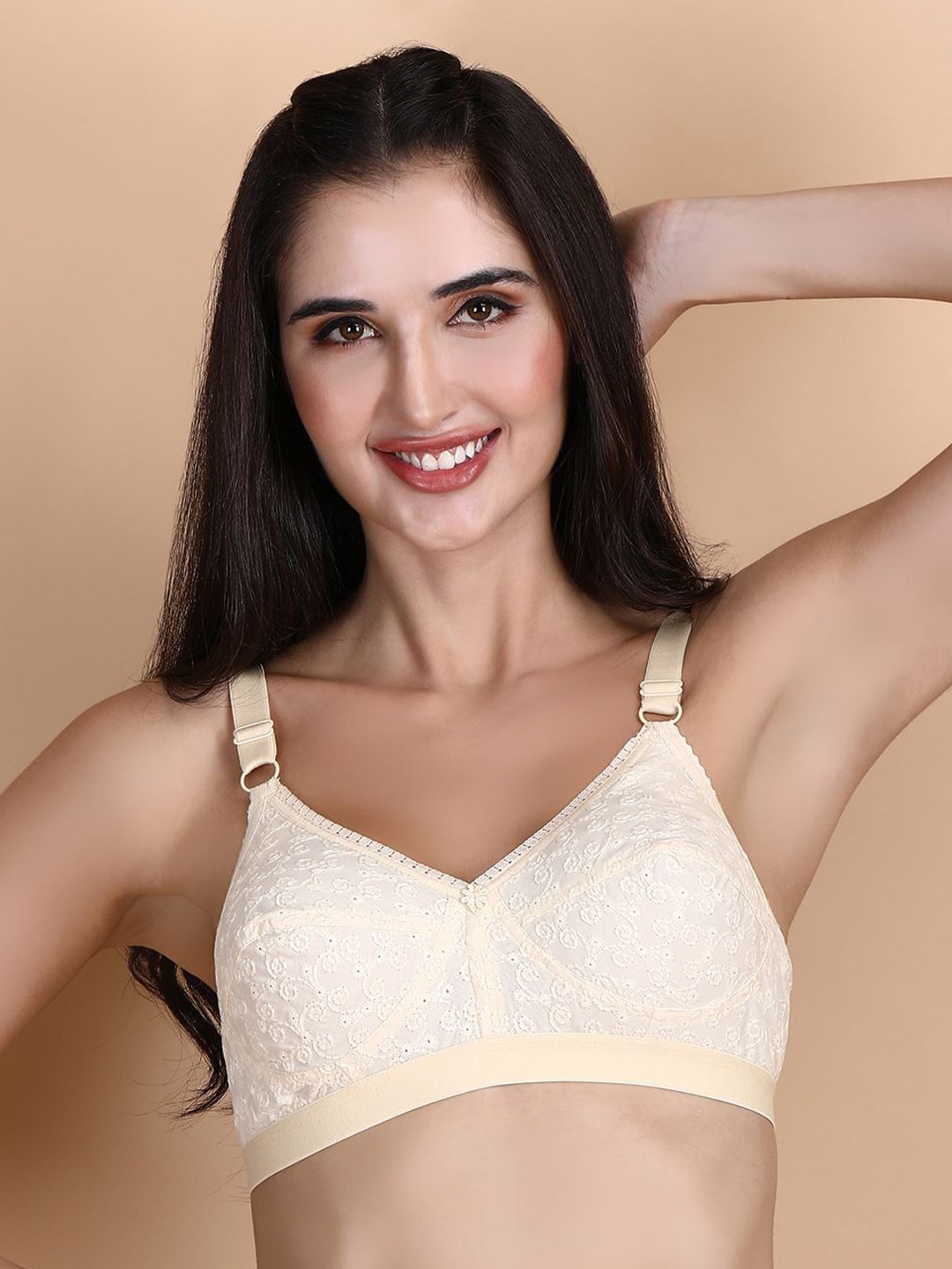 

Hill Islands Self Design Full Coverage Dry Fit Cotton Everyday Bra With All Day Comfort, Beige