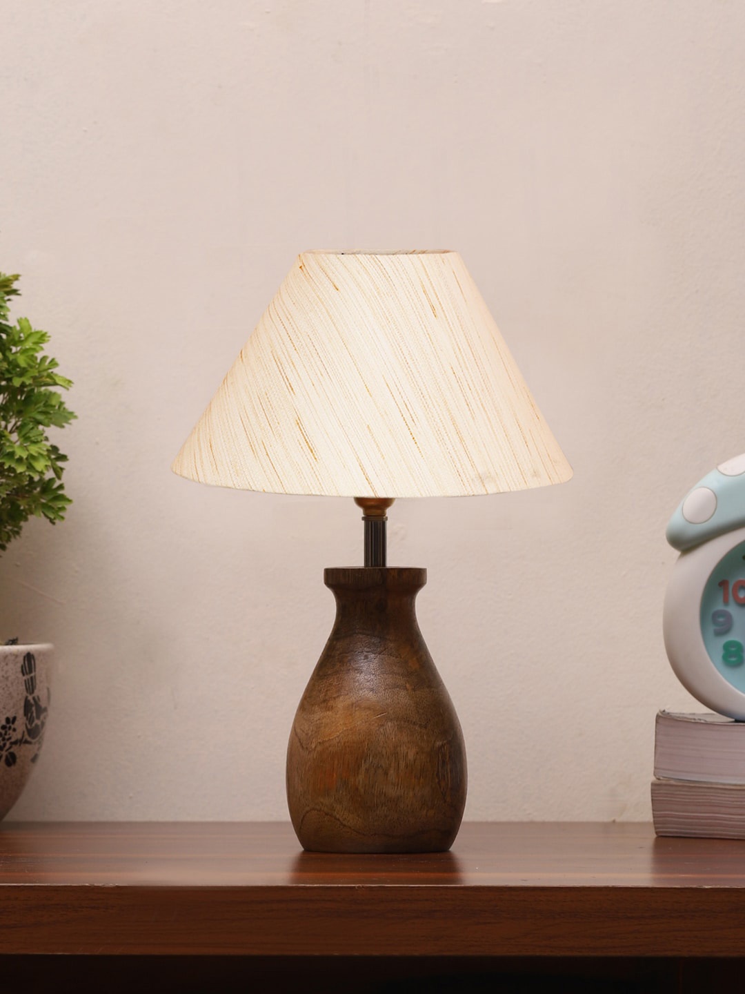 

Devansh Off White & Brown Table Lamp With Wood Natural Base