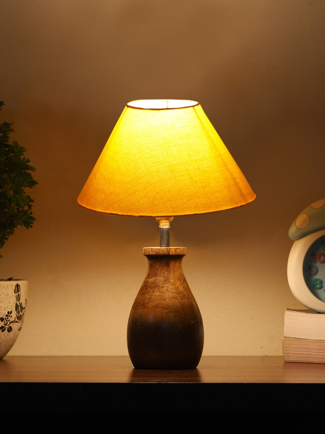 

Devansh Yellow & Brown Cotton Table Lamp With Wooden Natural Base
