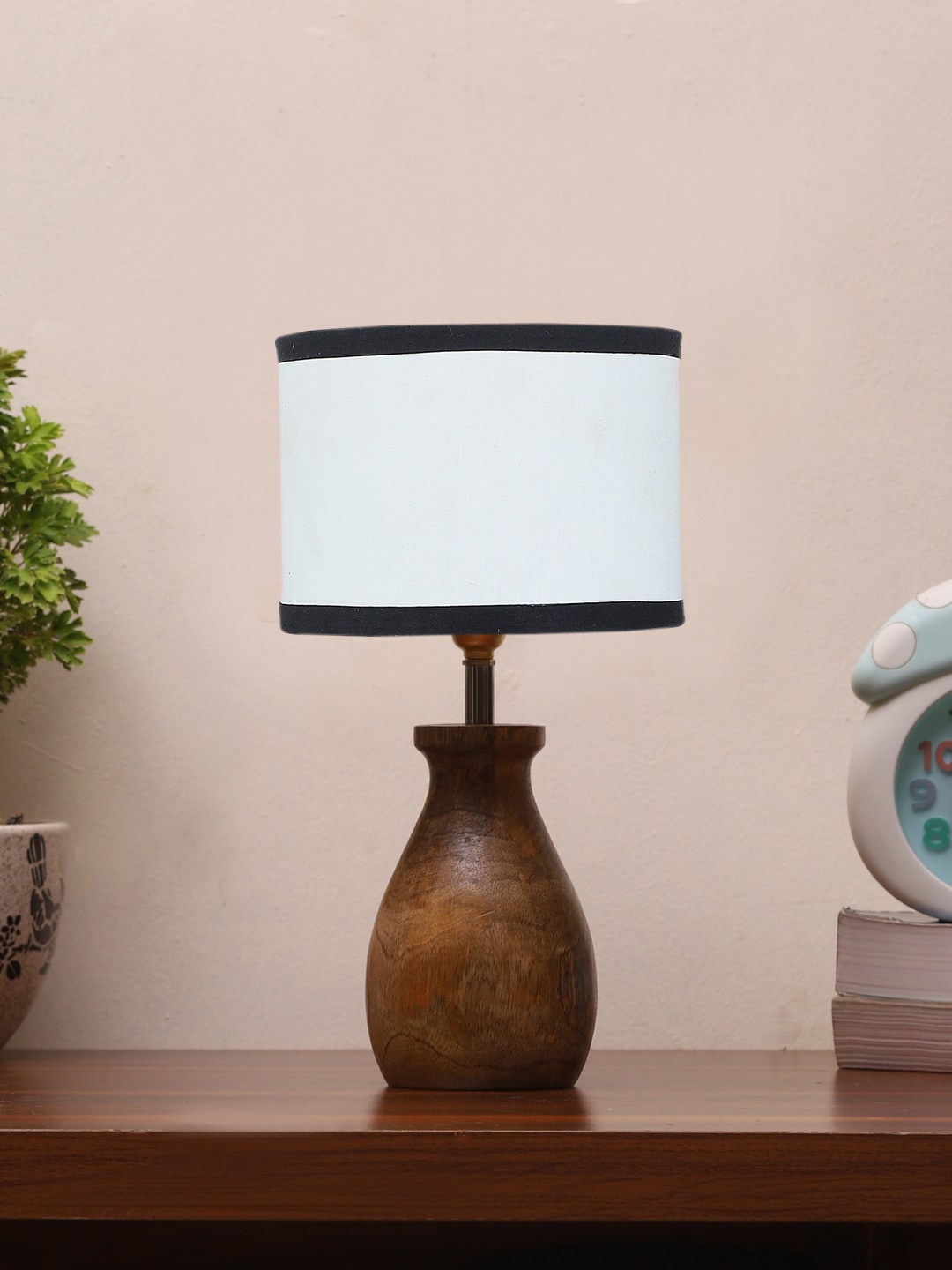 

Devansh White & Brown Cotton Table Lamp With Wood Natural Base