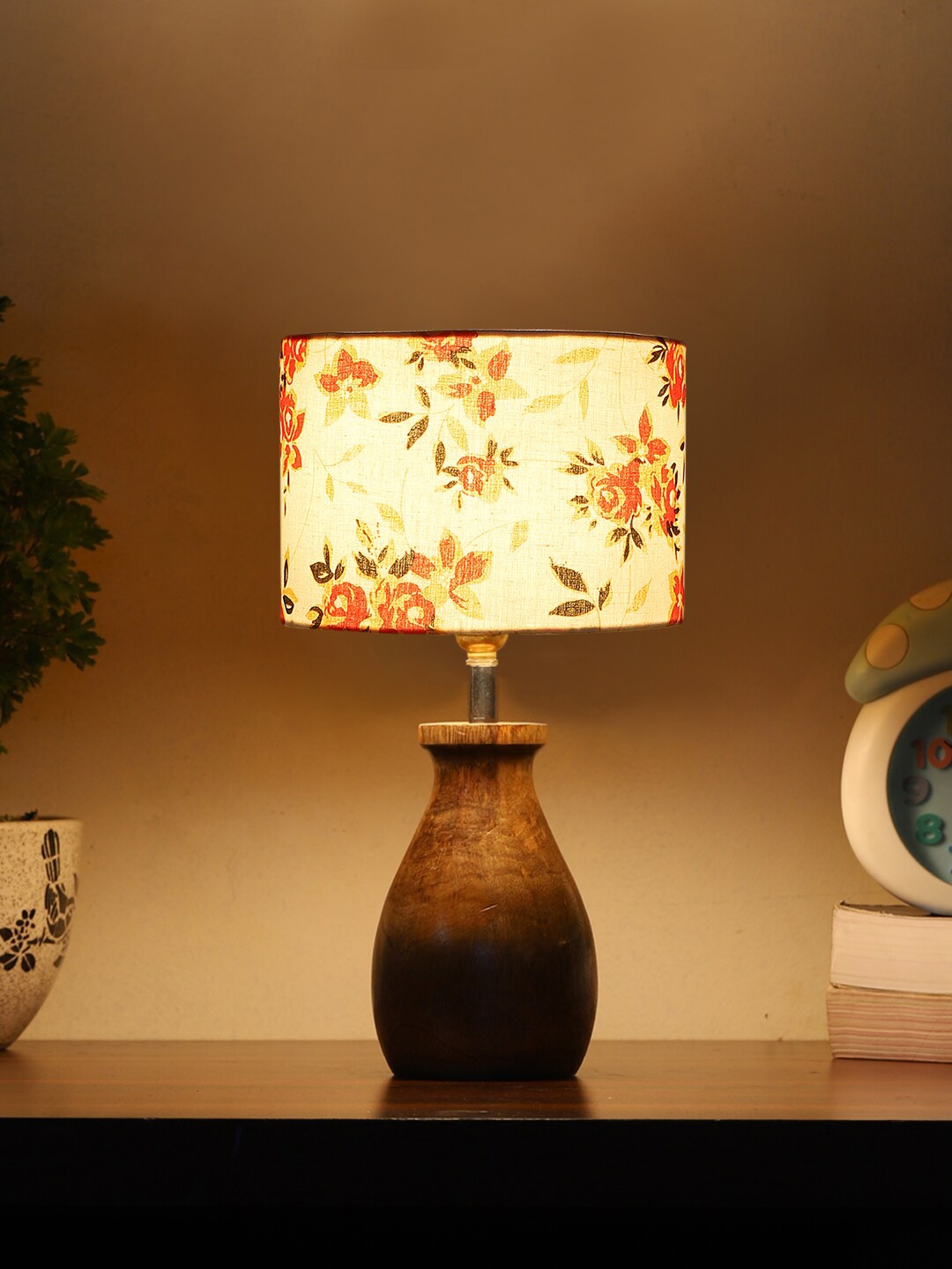 

Devansh White & Brown Printed Cotton Table Lamp With Wood Natural Base
