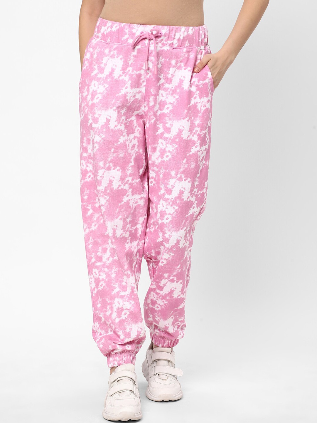 

R&B Women Abstract Printed Cotton Mid-Rise Joggers, Pink