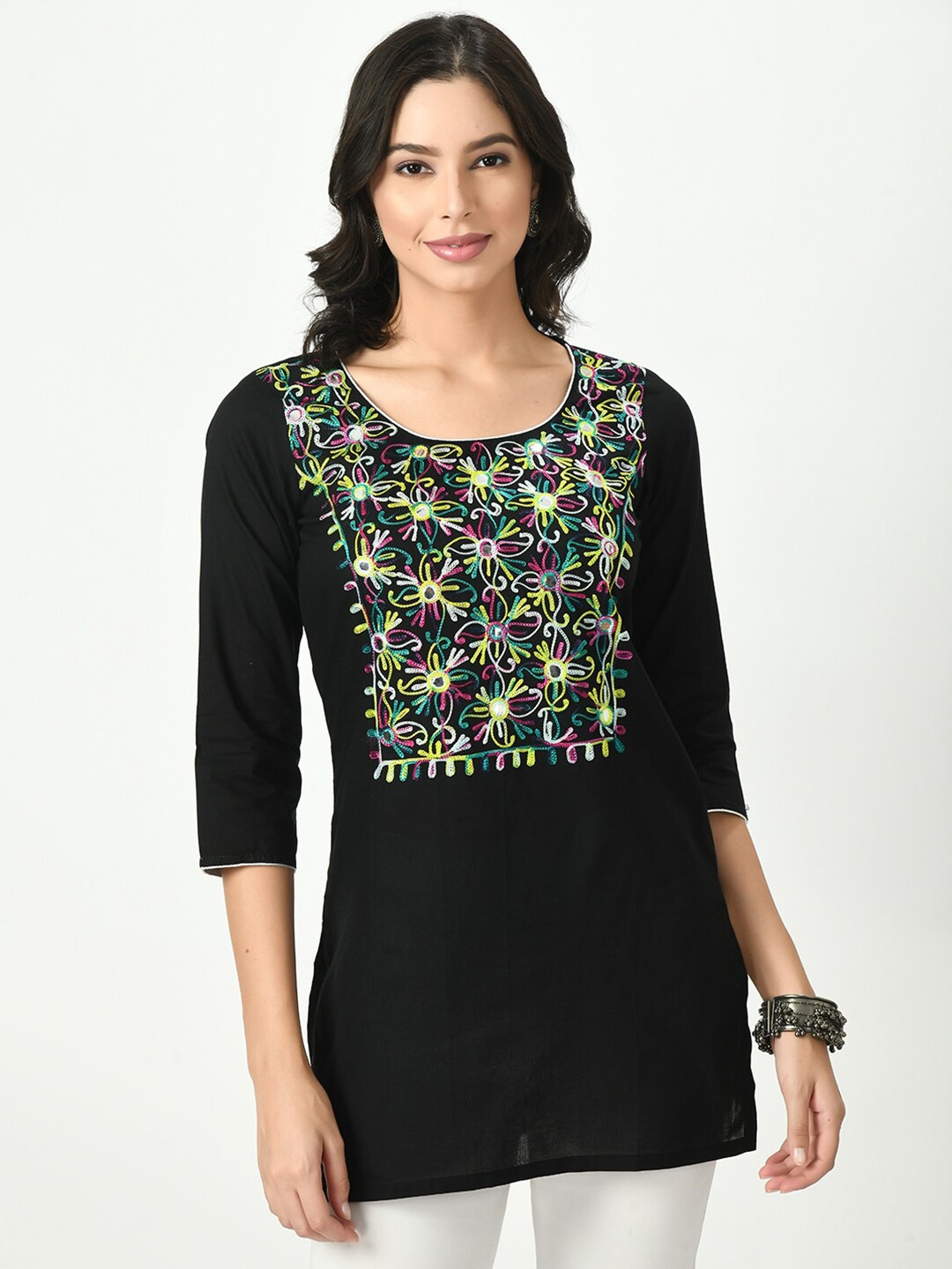 

KALINI Floral Embroidered Mirror Work Cotton Kurti, Black