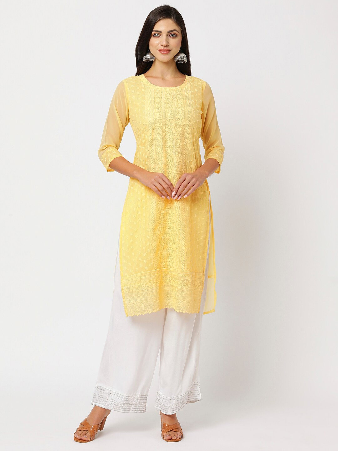 

RedRound Ethnic Motifs Embroidered Round Neck Kurta, Yellow