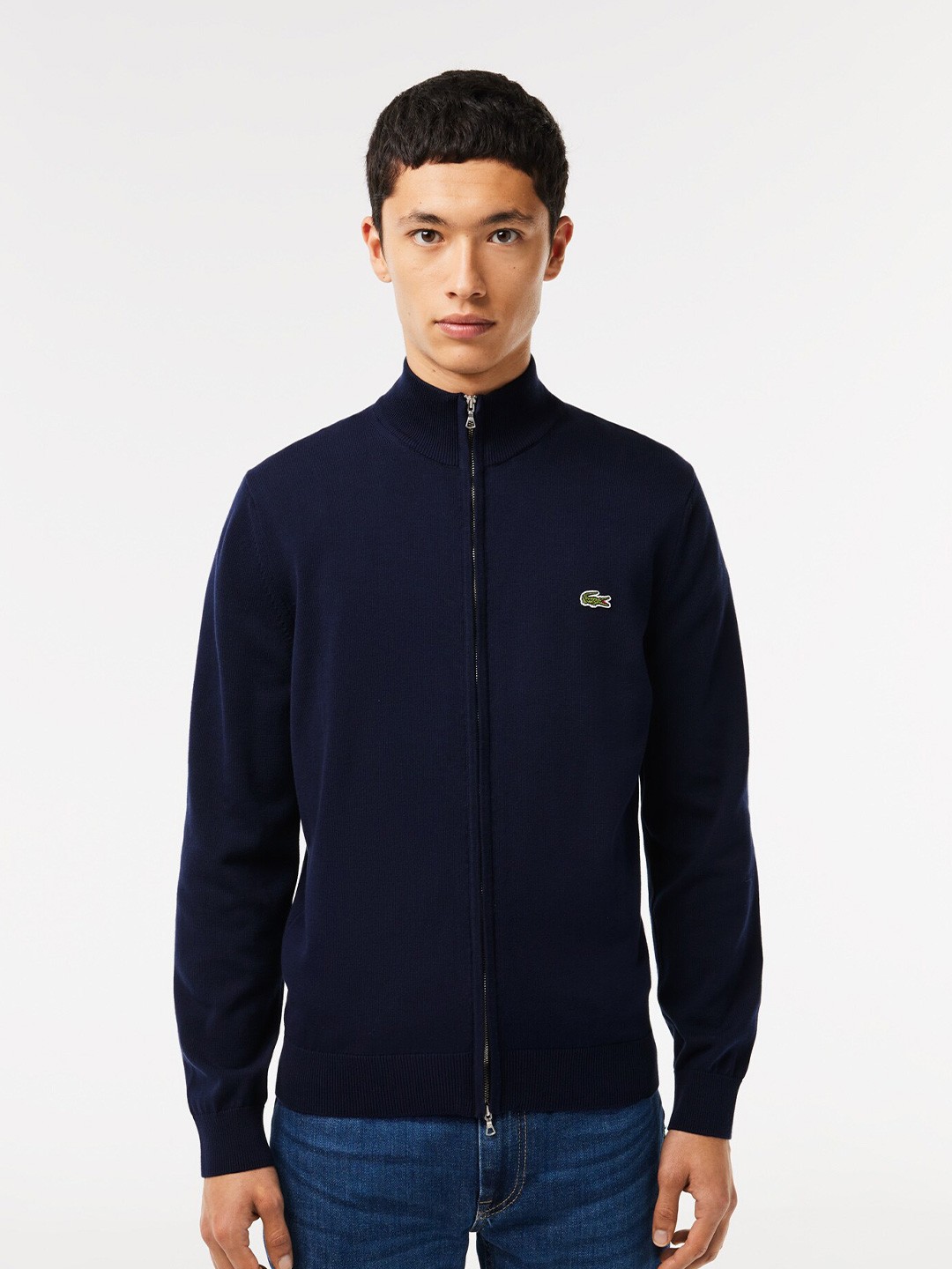 

Lacoste Mock Collar Pure Cotton Front Open Sweater, Navy blue