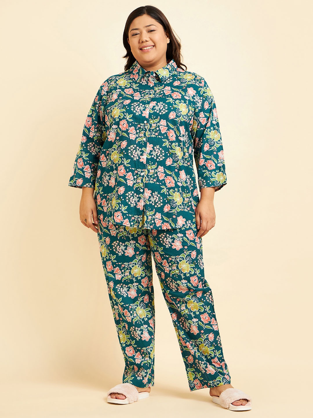 

Sweet Dreams Green & Pink Floral Printed Pure Cotton Night Suit