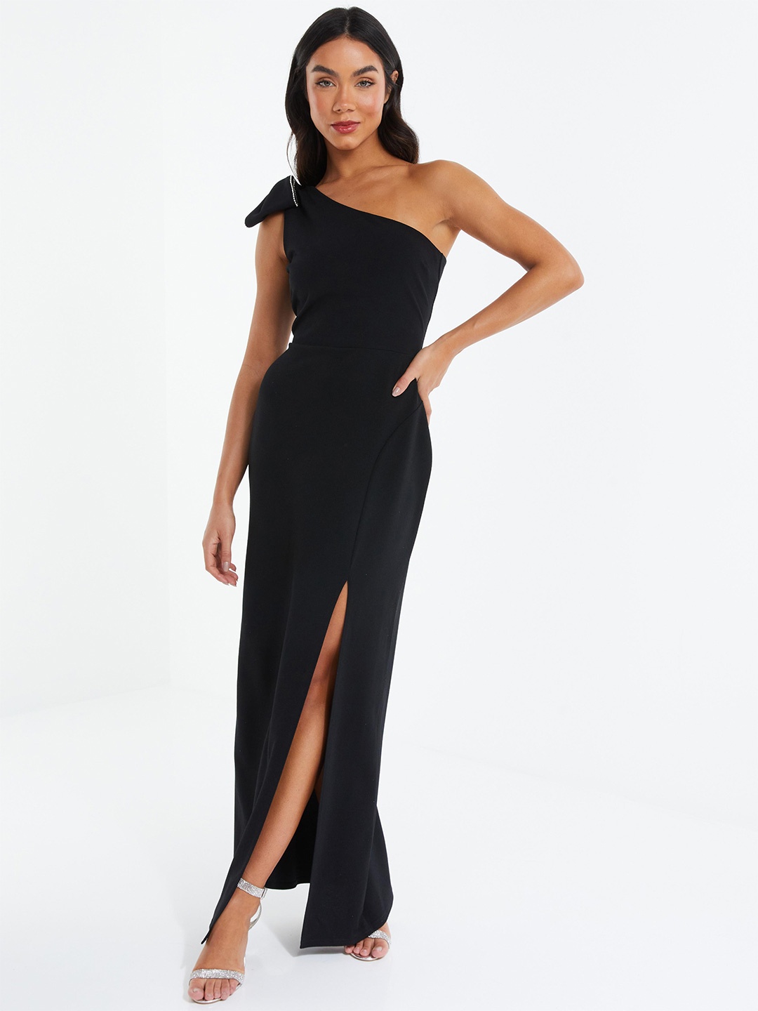 

QUIZ One Shoulder Bow Detail Maxi Dress, Black