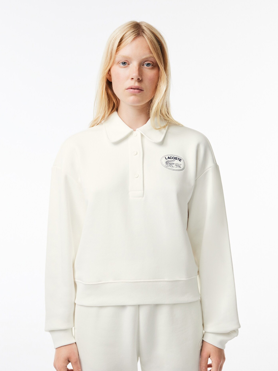 

Lacoste Shirt Collar Cotton Pullover Sweatshirt, White