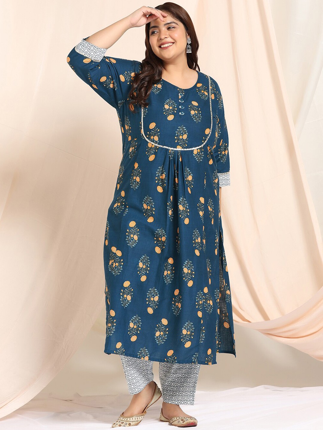 

FASHION DREAM Plus Size Floral Printed Gotta Patti Pleated Straight Kurta with Trouser, Blue
