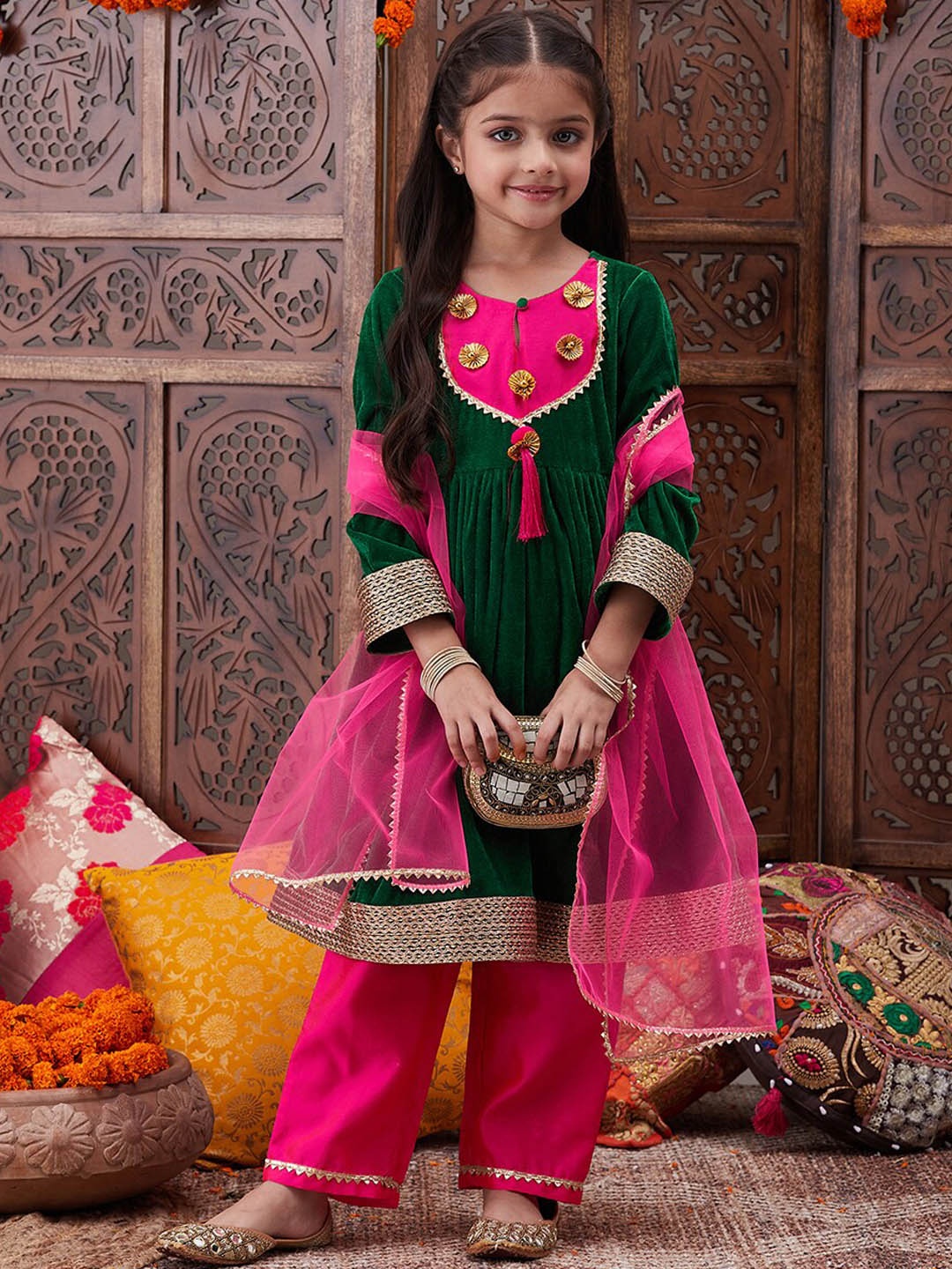 

pspeaches Girls Ethnic Motifs Yoke Design Gotta Patti A-Line Kurta With Trouser & Dupatta, Green