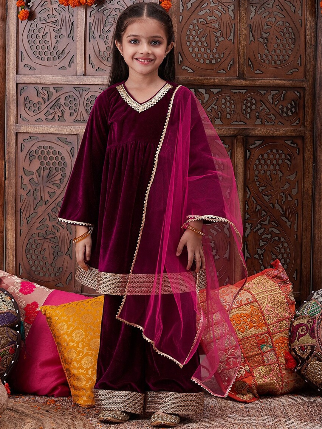 

pspeaches Girls Regular Gotta Patti Velvet Kurta with Salwar & With Dupatta, Burgundy