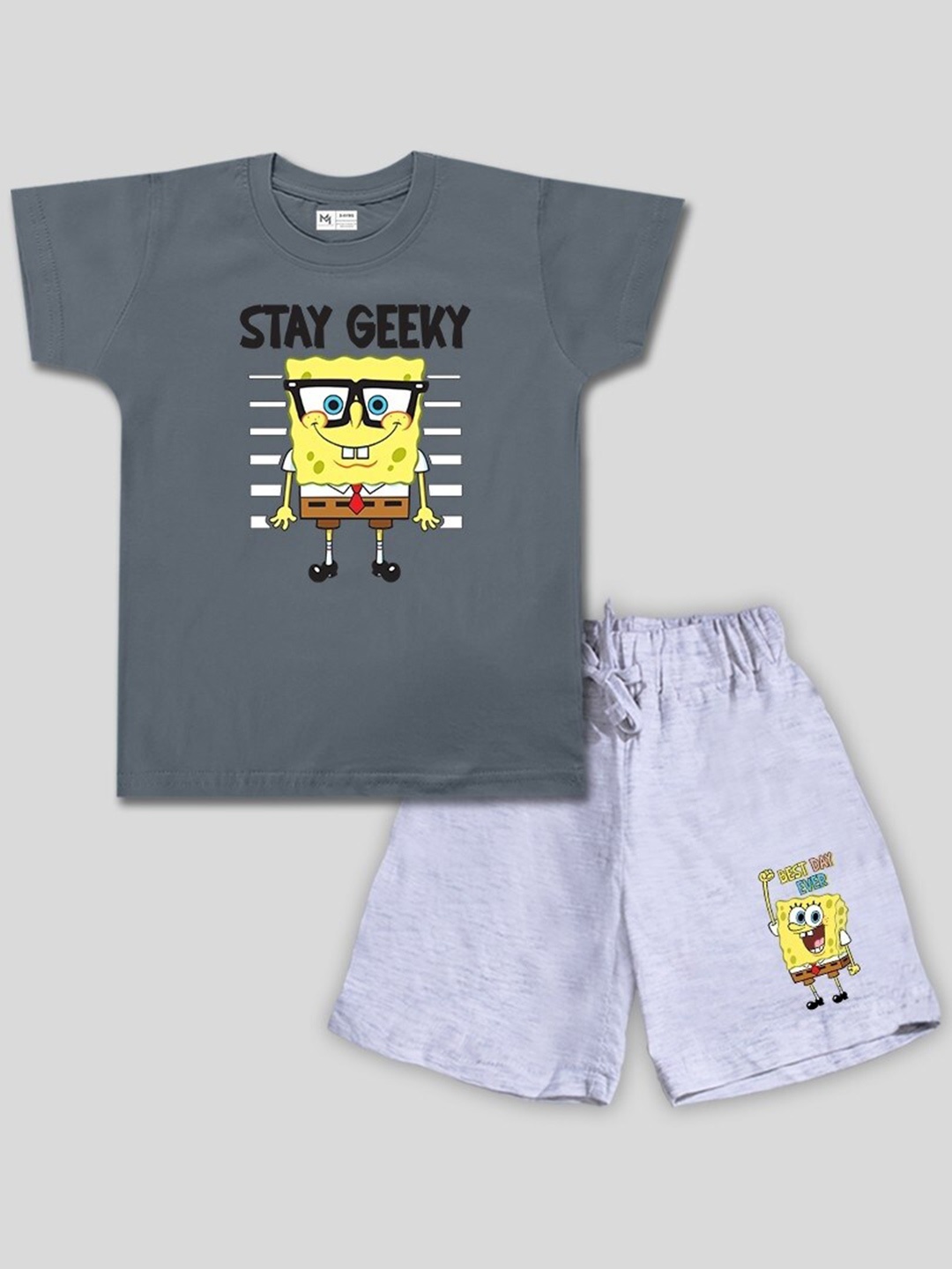 

Minute Mirth Boys Sponge Bob Printed Pure Cotton T-shirt with Shorts, Charcoal