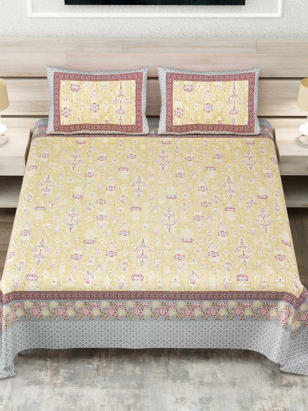 

INDHOME LIFE Yellow Ethnic Motifs Pure Cotton 260 TC King Bedsheet With 2 Pillow Covers