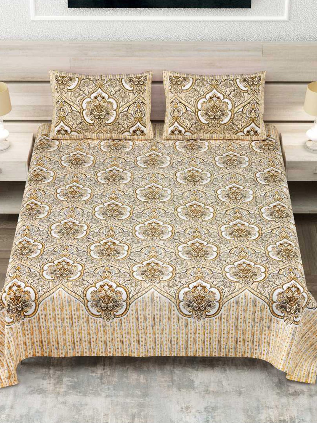 

INDHOME LIFE Beige & White Pure Cotton 260 TC King Bedsheet with 2 Pillow Covers
