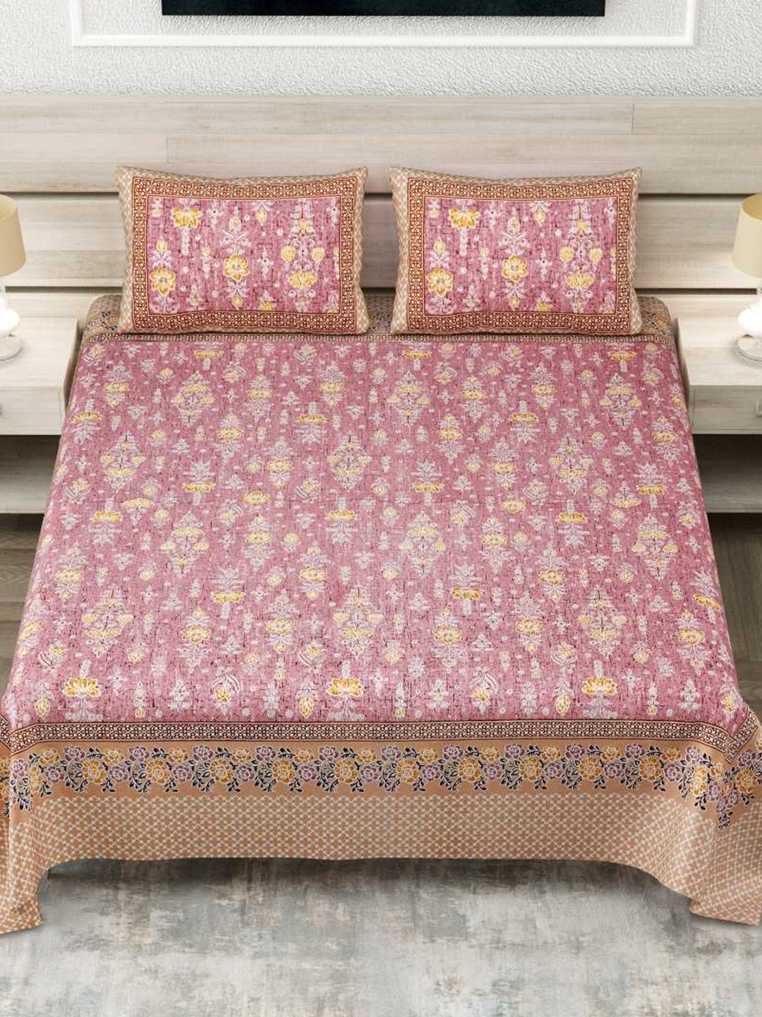 

INDHOME LIFE Pink & Yellow Floral Pure Cotton 260 TC King Bedsheet With 2 Pillow Covers