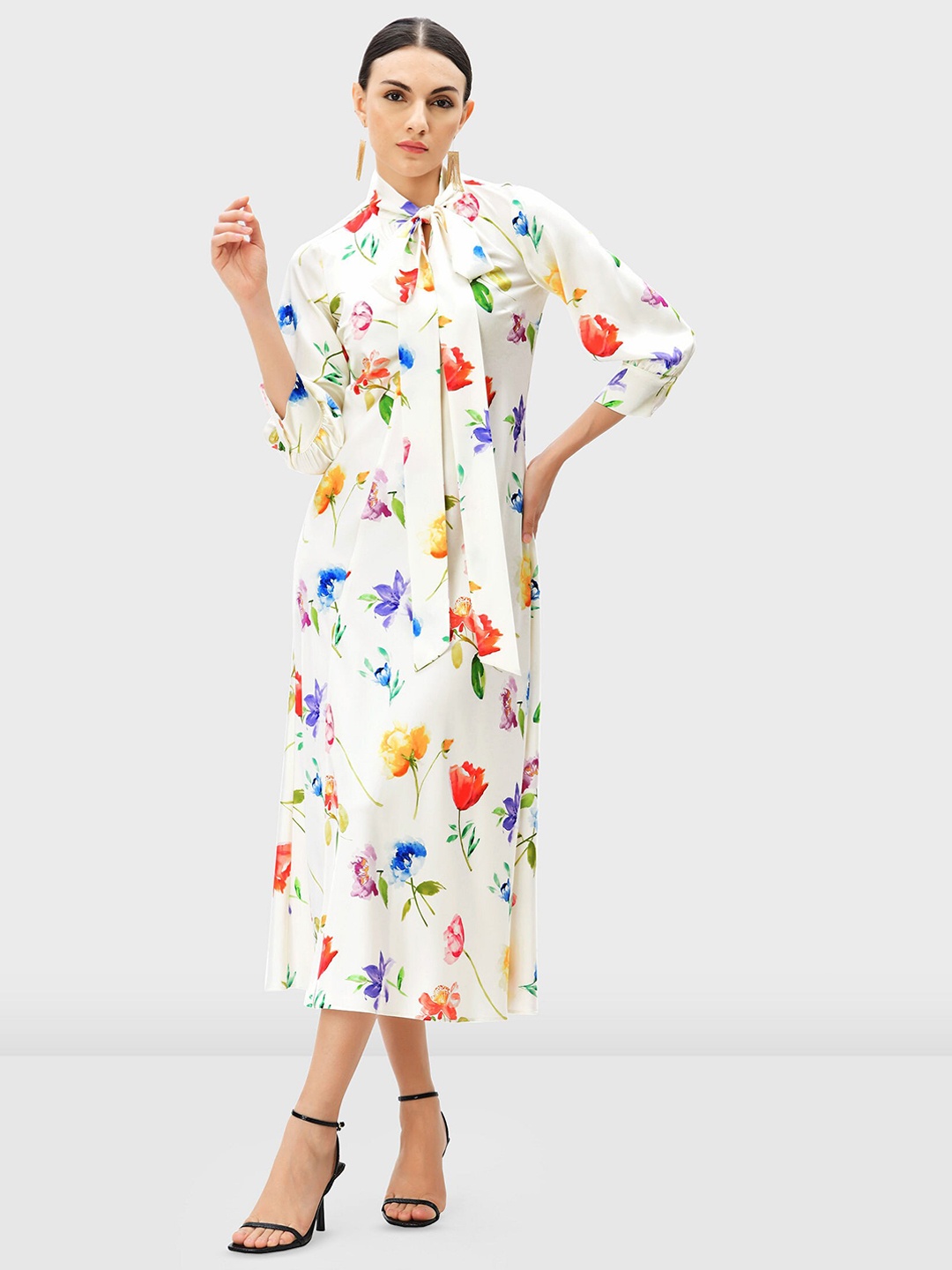 

Zapelle Floral Printed Tie-Up Neck Satin A-Line Midi Dress, Off white
