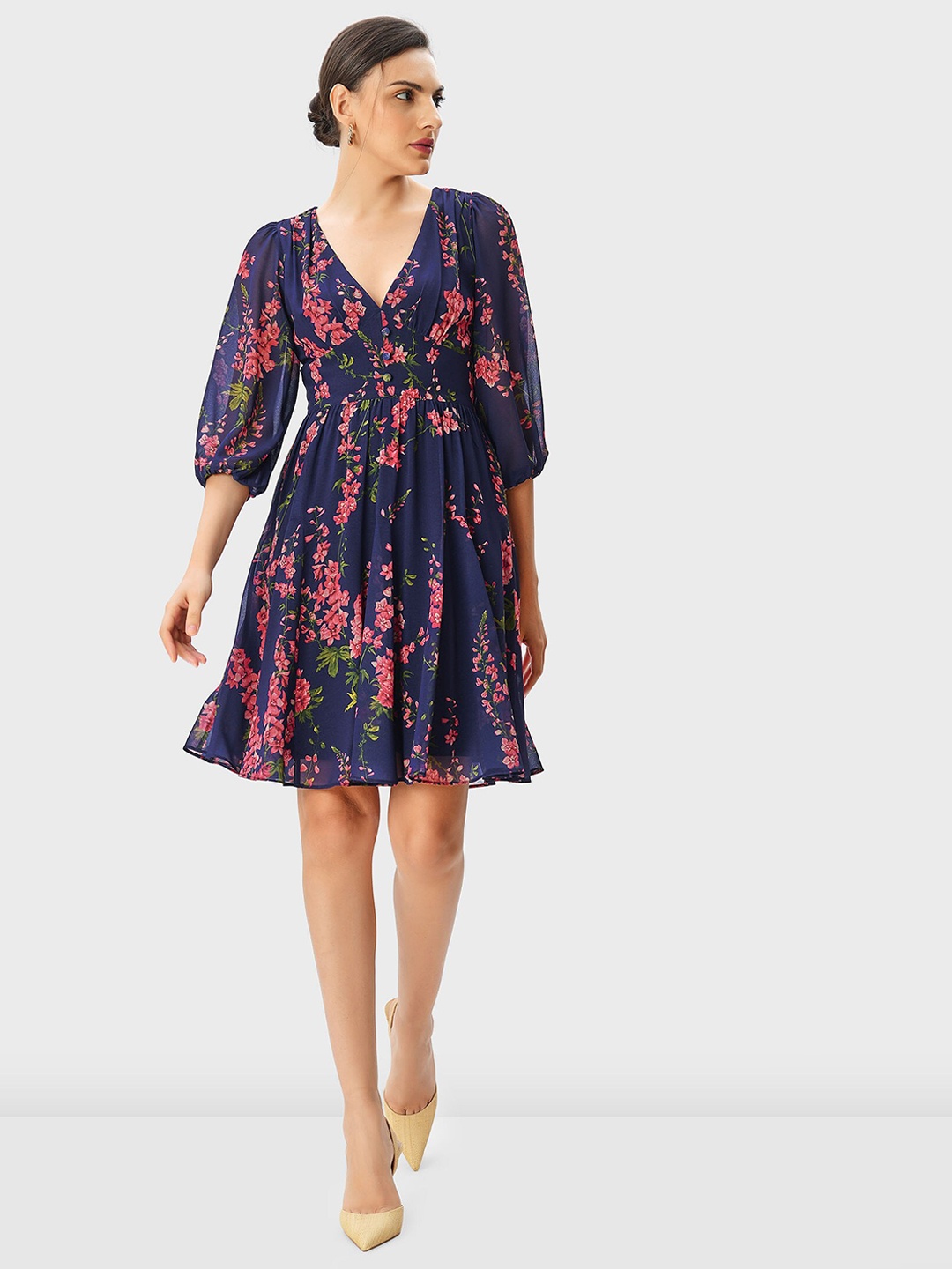

Zapelle Floral Printed V-Neck Puff Sleeves Gathered Detail Georgette Fit & Flare Dress, Navy blue