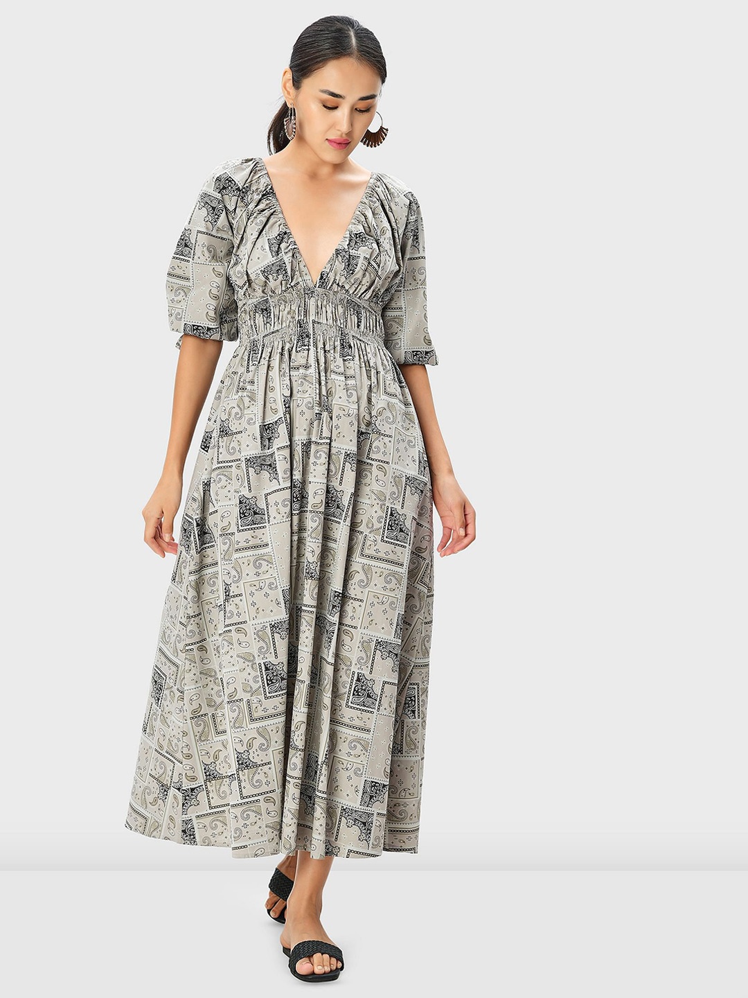 

Zapelle Ethnic Motifs Printed Smocked Cotton Maxi Dress, Grey