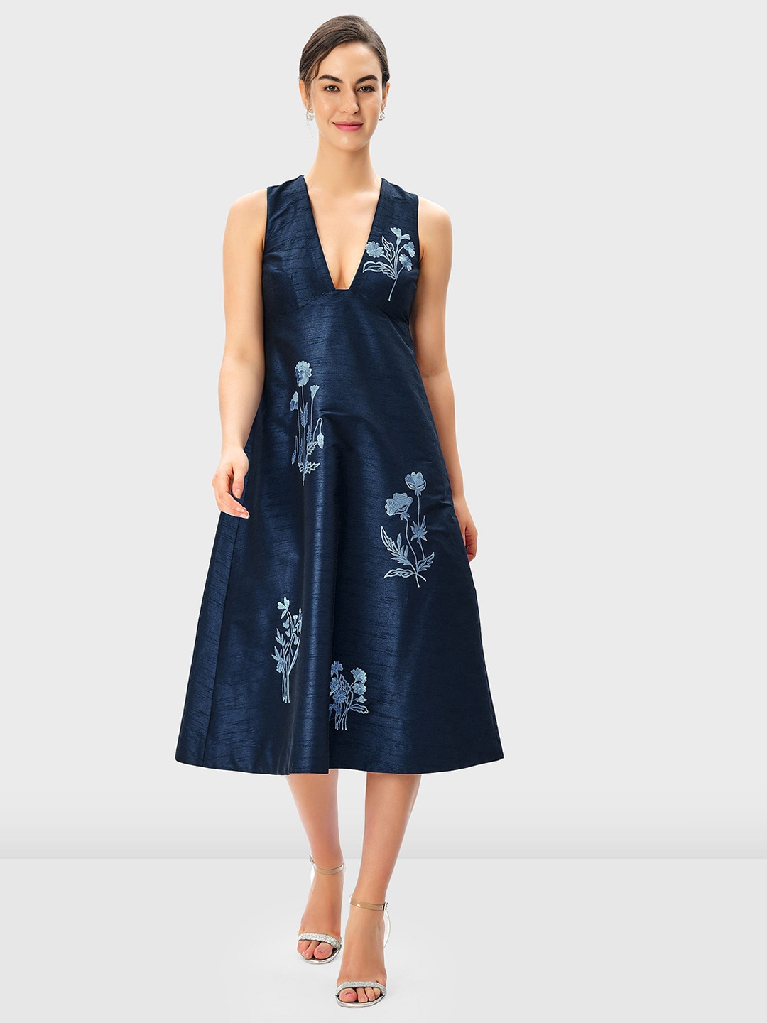 

Zapelle Floral Embroidered A-Line Midi Dress, Navy blue