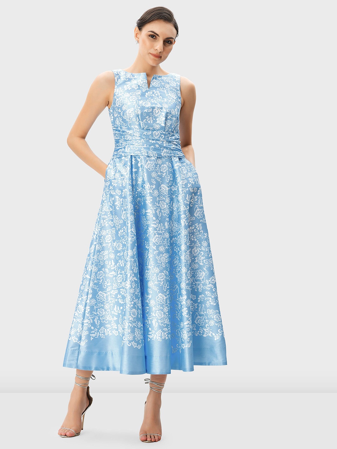 

Zapelle Floral Printed Round Notched Neck Gathered Fit & Flare Maxi Dress, Blue