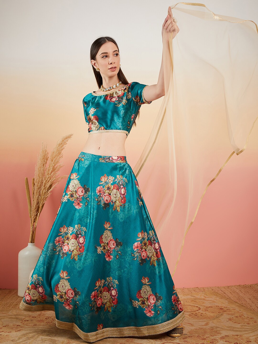 

Sangria Floral Printed Changra Lehenga Choli with Dupatta, Teal