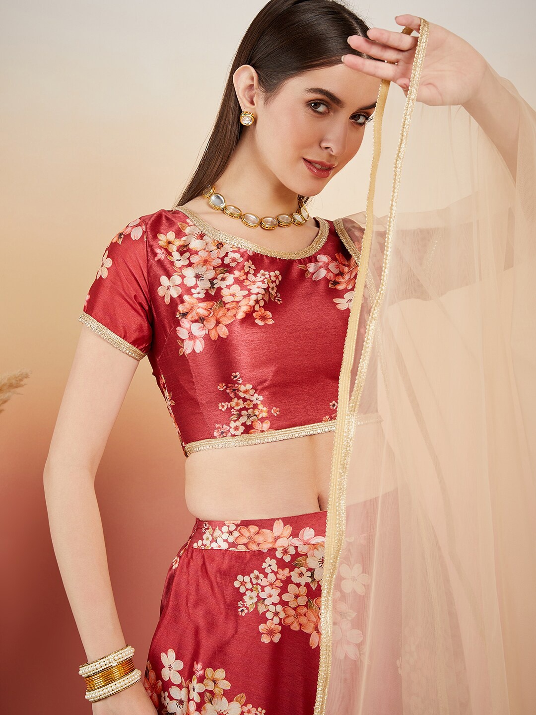

Sangria Floral Printed Changra Lehenga Choli with Dupatta, Maroon