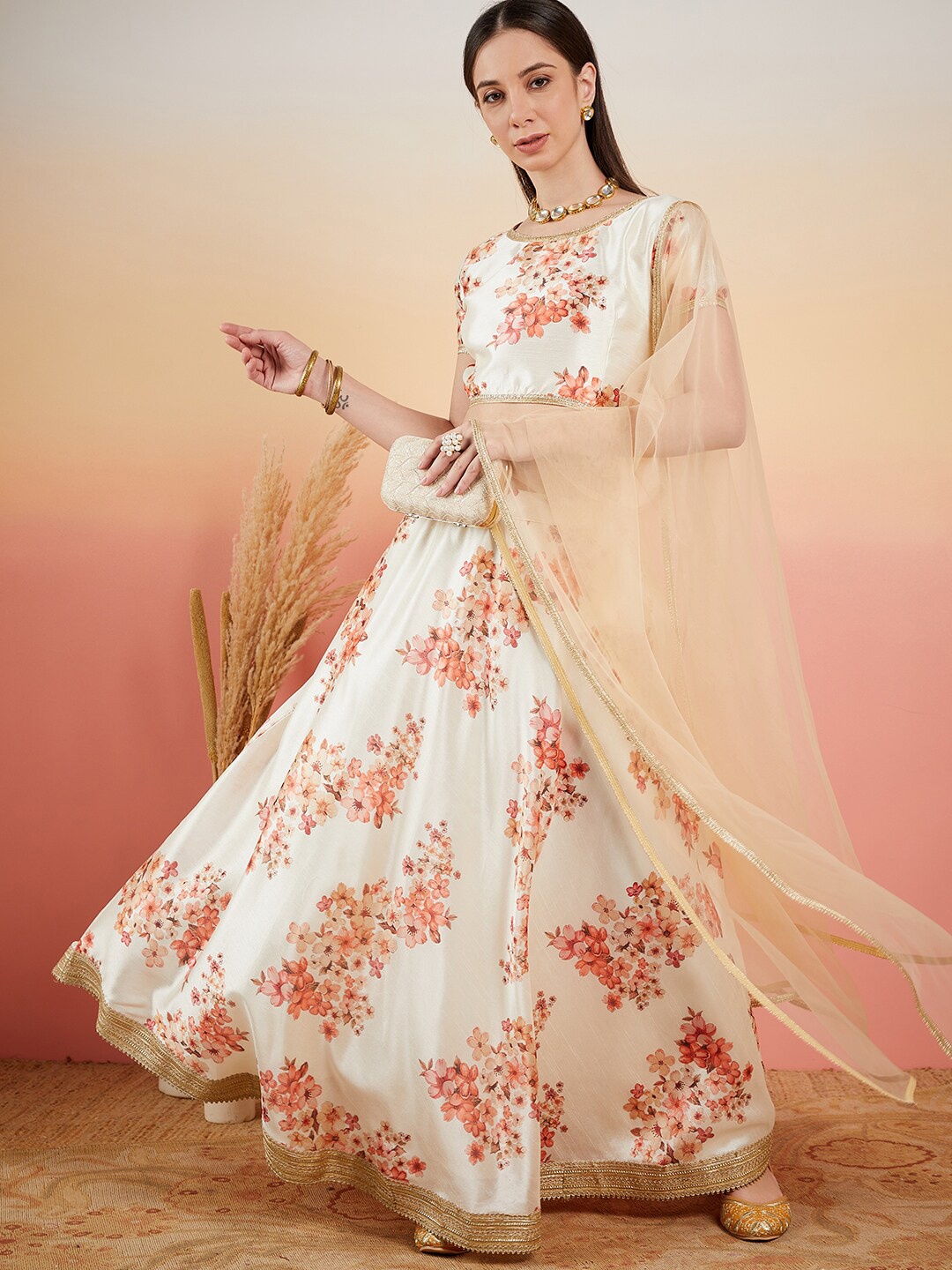 

Sangria Floral Printed Changra Lehenga Choli with Dupatta, Off white