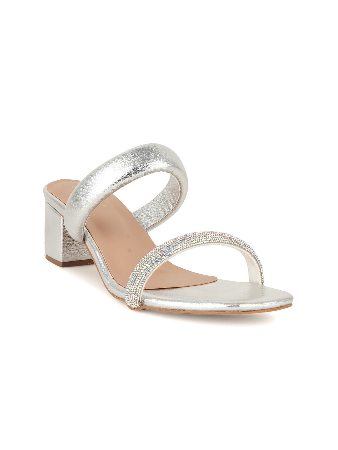 

SCENTRA Embellished Open Toe Block Heels, Silver
