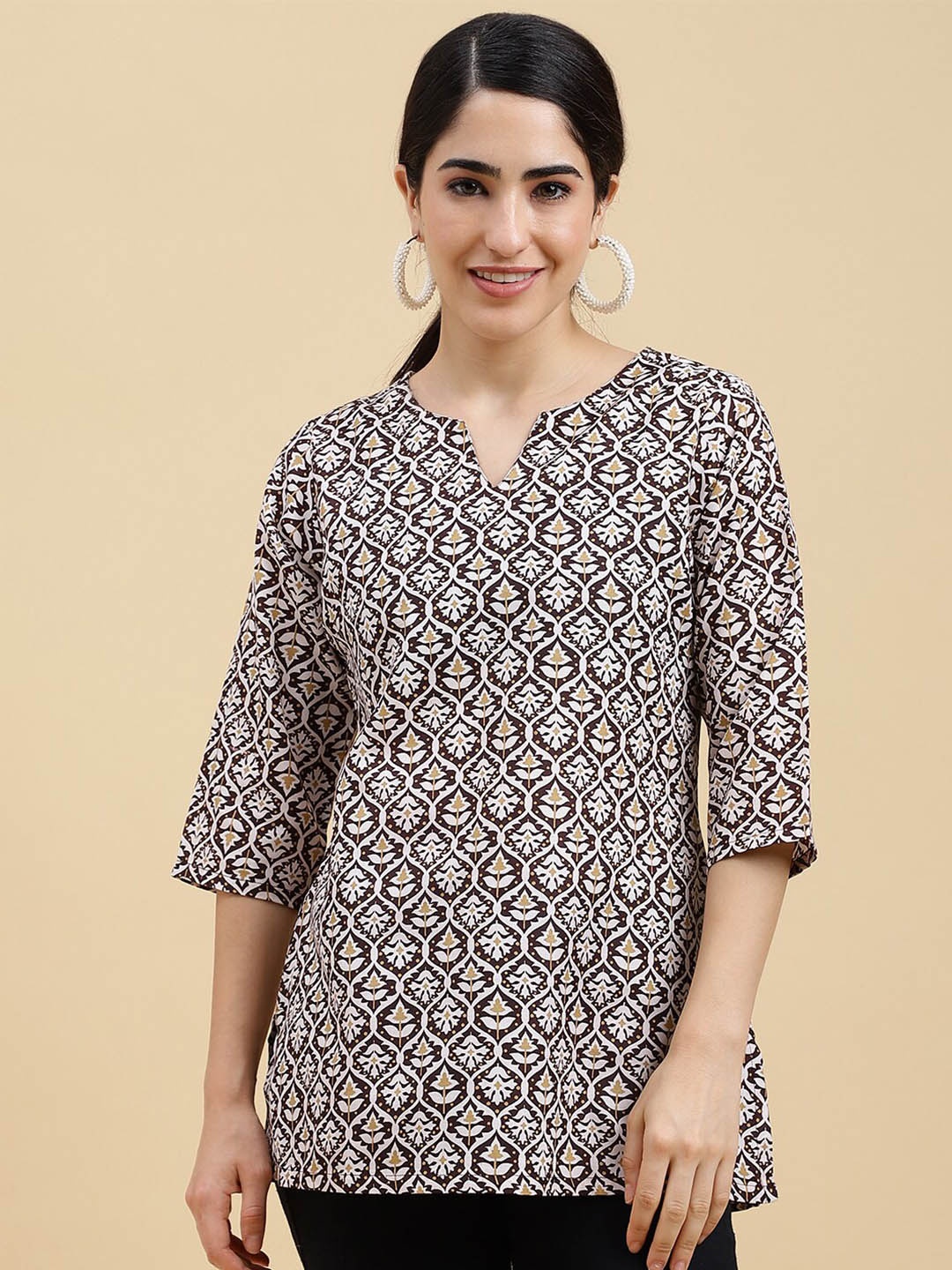 

J Turritopsis Ethnic Motifs Printed Straight Kurti, Coffee brown