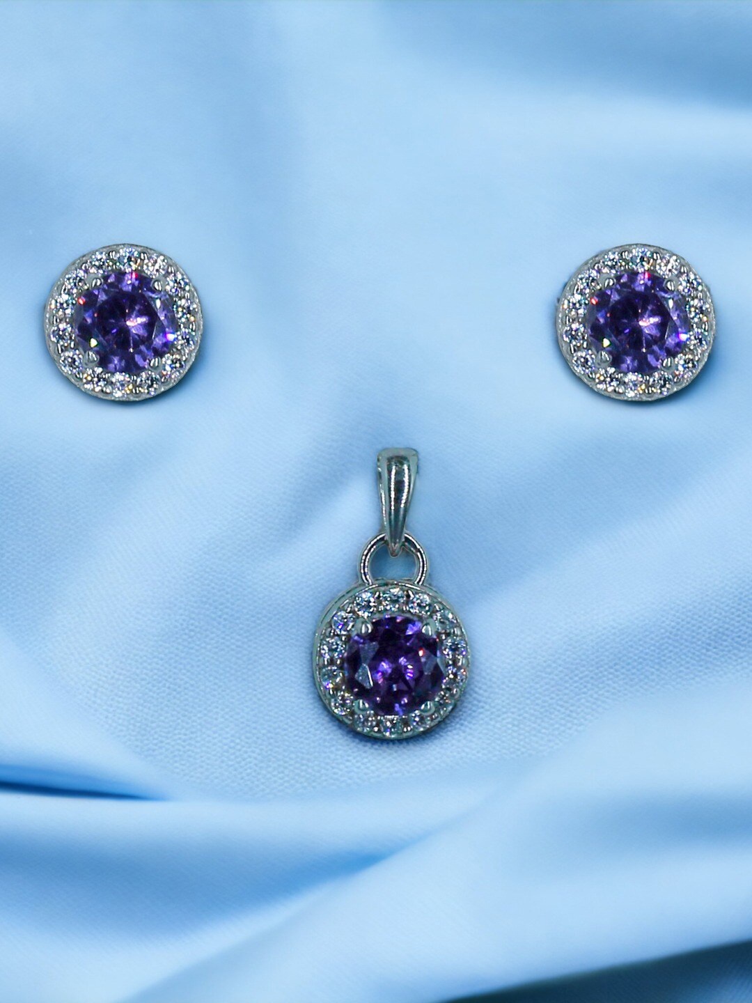 

Taraash 925 Sterling Silver CZ Studded Pendant & Earrings, Purple
