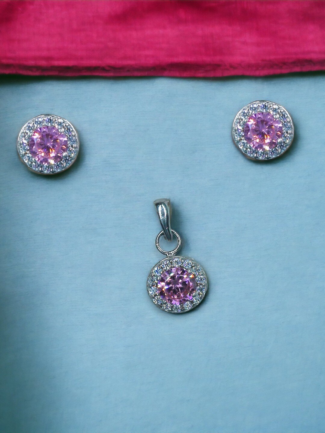 

Taraash 925 Sterling Silver CZ-Studded Pendant With Earrings, Pink