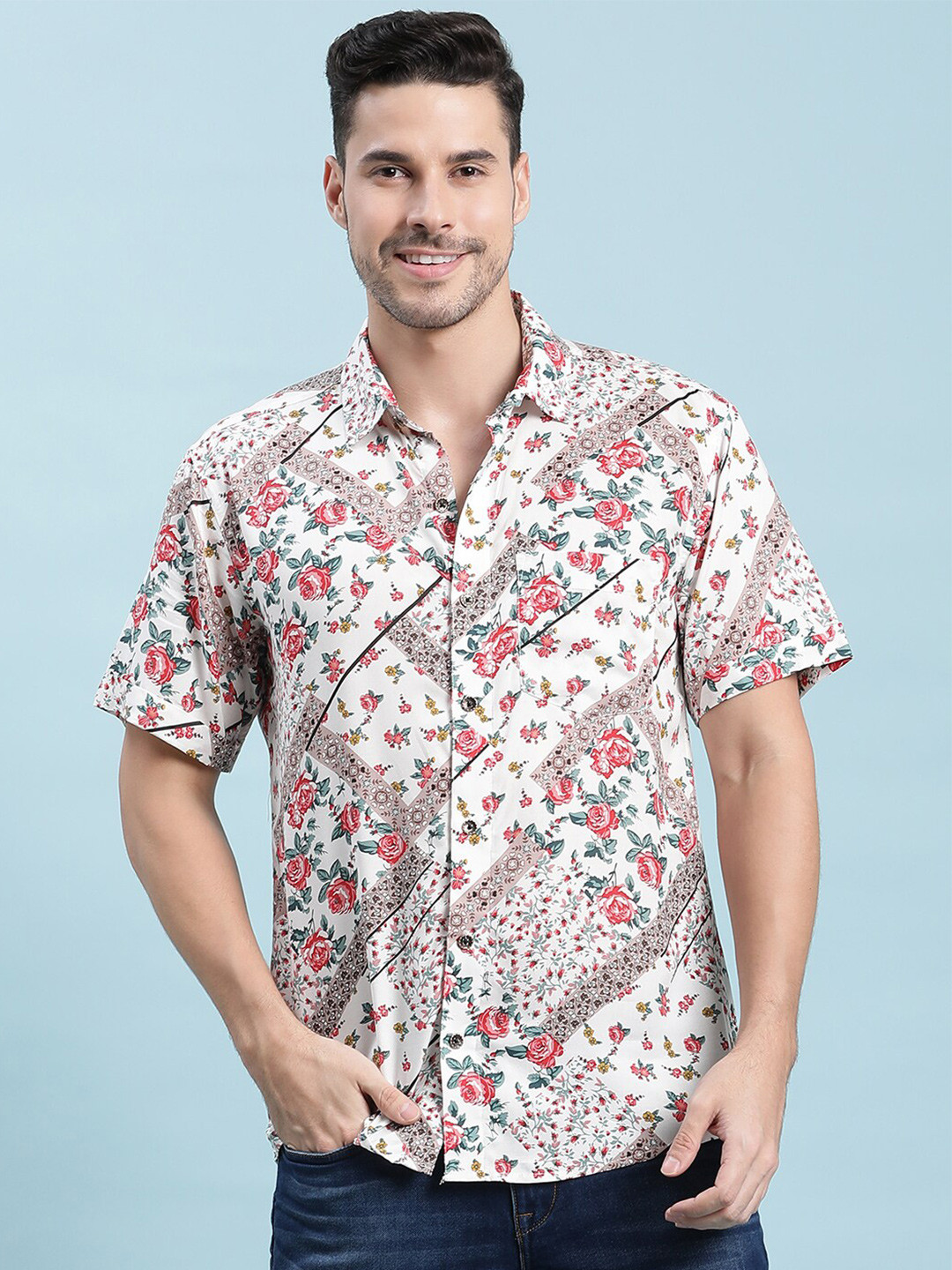 

Stuffie Land Floral Printed Cotton Casual Shirt, White