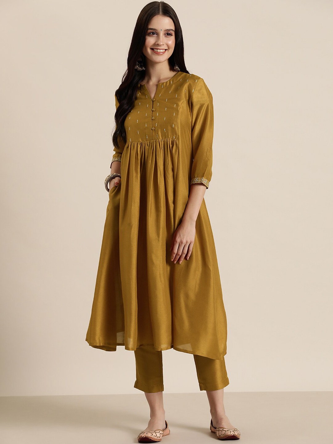 

HERE&NOW Ethnic Motifs Yoke Design Sequinned Art Silk Anarkali Kurta, Mustard