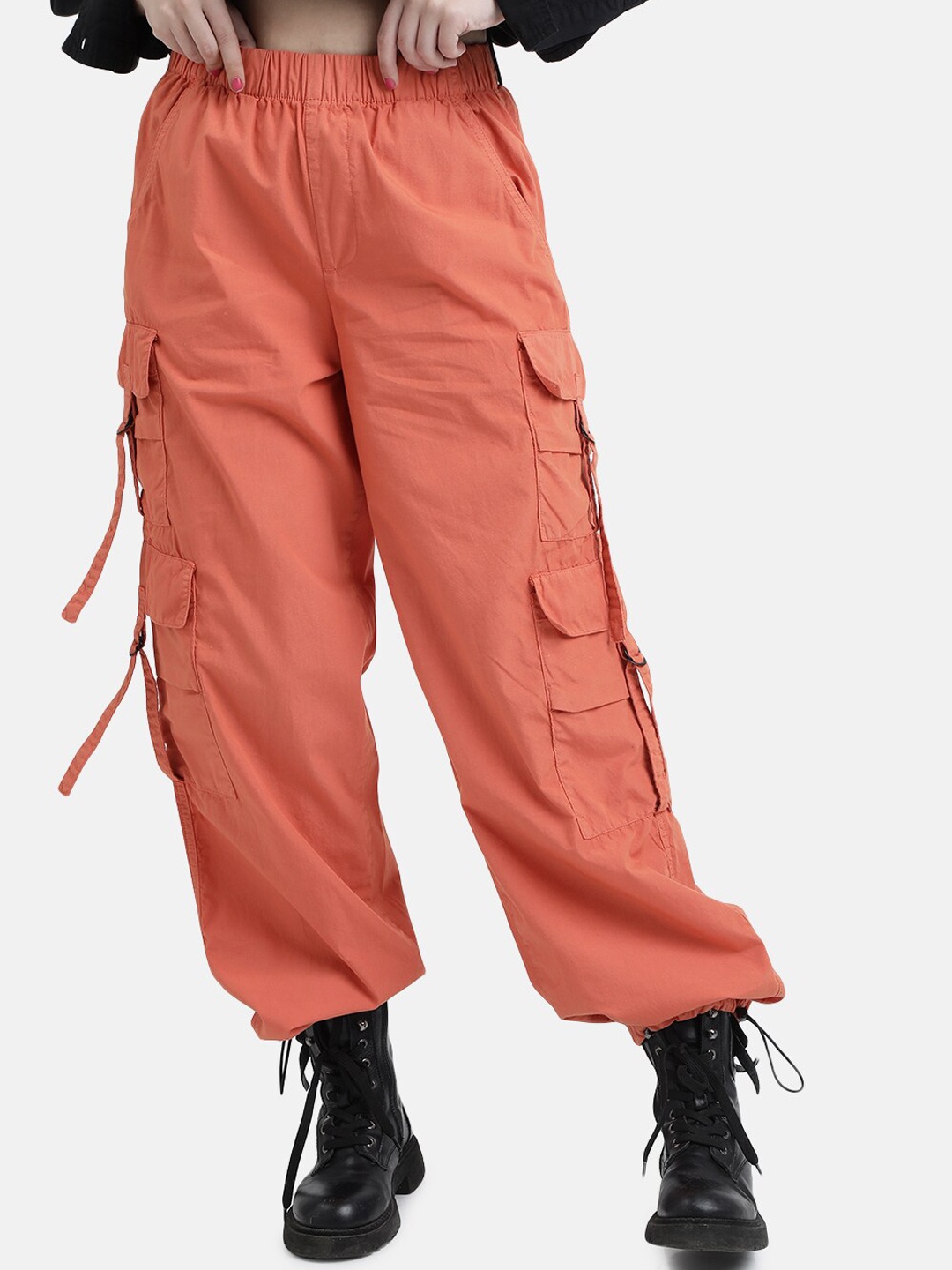 

Bene Kleed Women Parachute Fit High-Rise Cargos Trousers, Orange