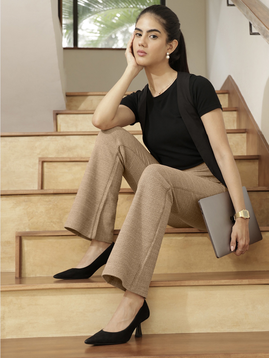 

Blissclub Women Textured Loose Fit High-Rise Easy Wash Culottes Trousers, Beige