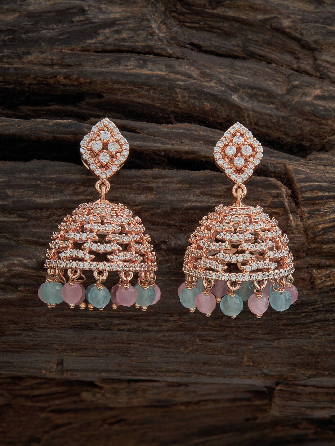 

Kushal's Fashion Jewellery Rose Gold-Plated Cubic Zirconia Dome Shaped Jhumkas