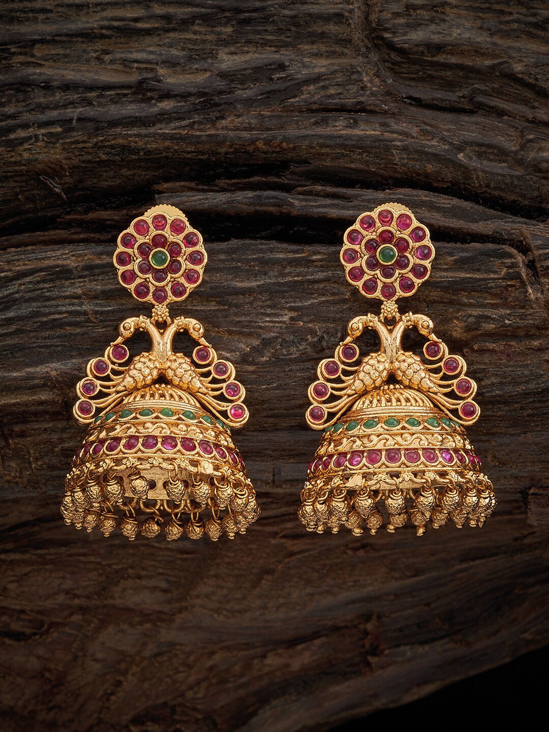

Kushal's Fashion Jewellery Gold-Plated Stone-Studded Dome Shaped Jhumkas