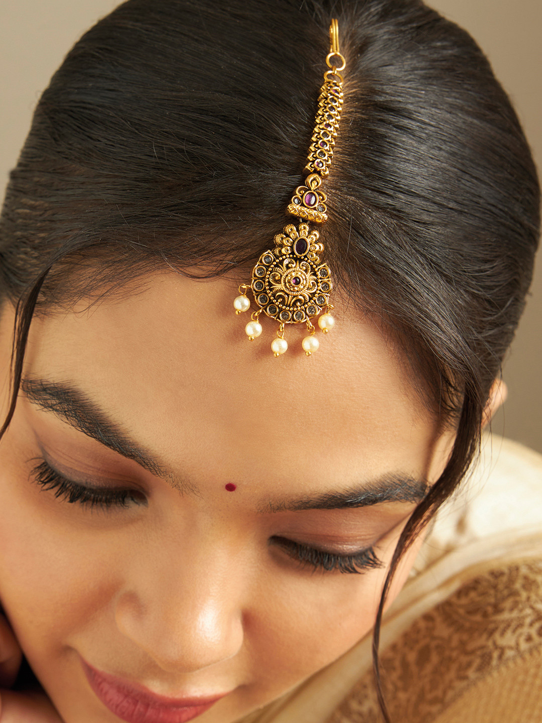

Kushal's Fashion Jewellery Gold Plated Beaded Maang Tikka