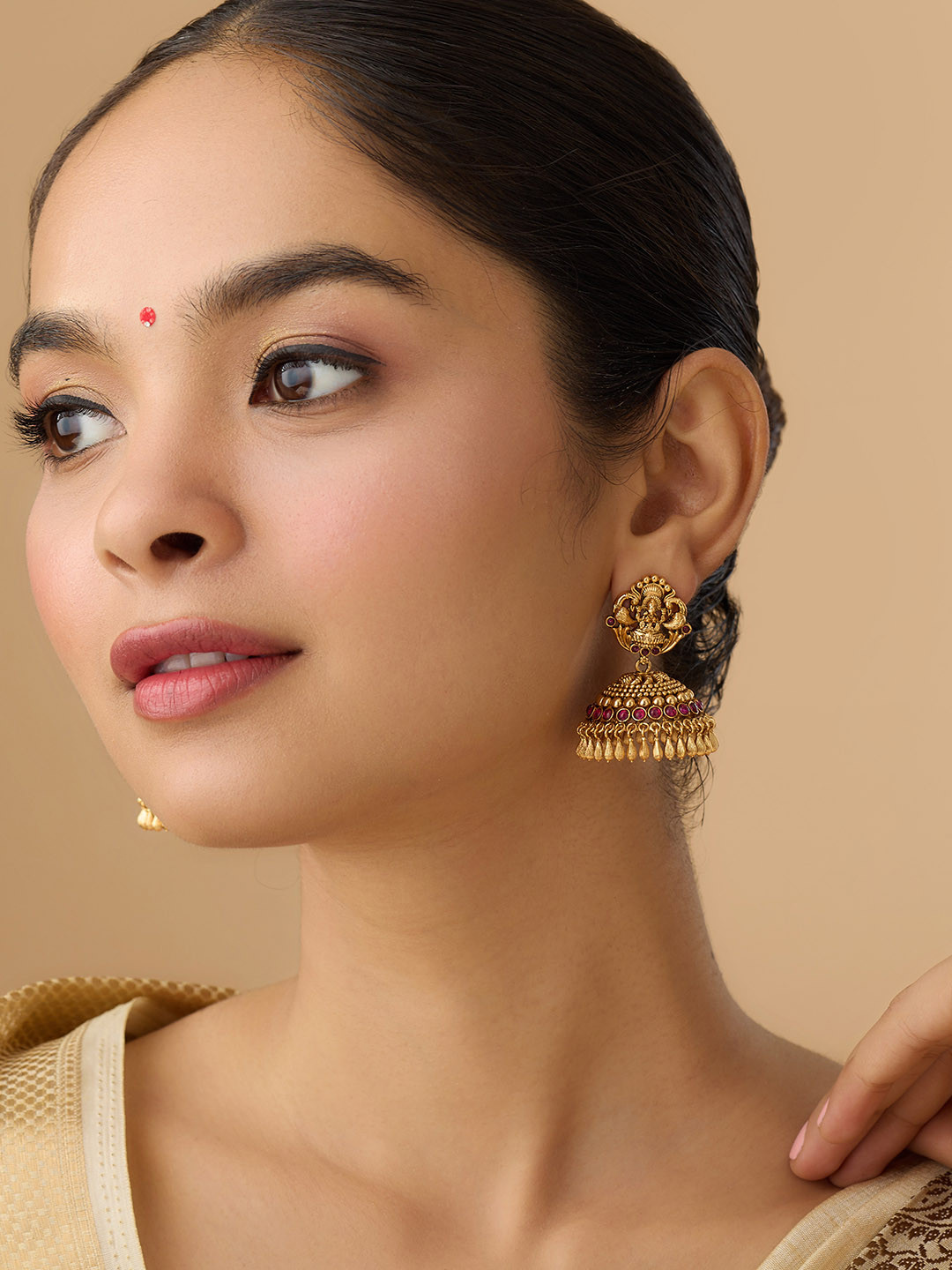 

Kushal's Fashion Jewellery Gold-Plated Dome Shaped Antique Jhumkas