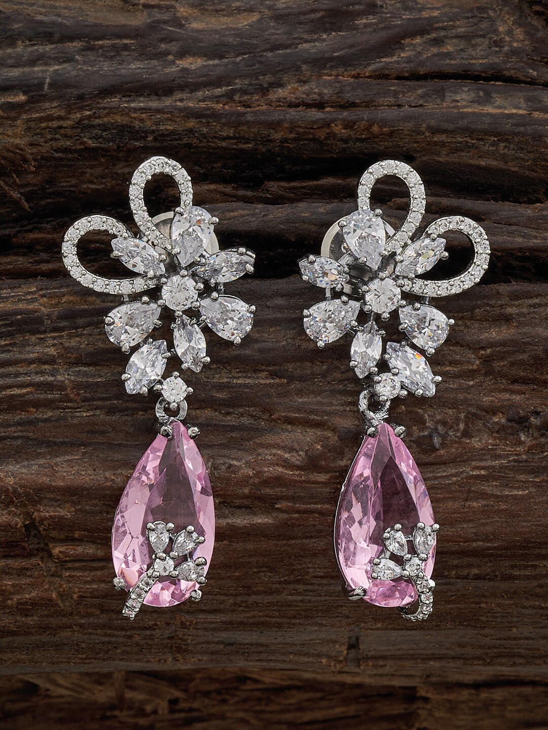 

Kushal's Fashion Jewellery Rhodium-Plated Zircon Studded Drop Earrings, Silver
