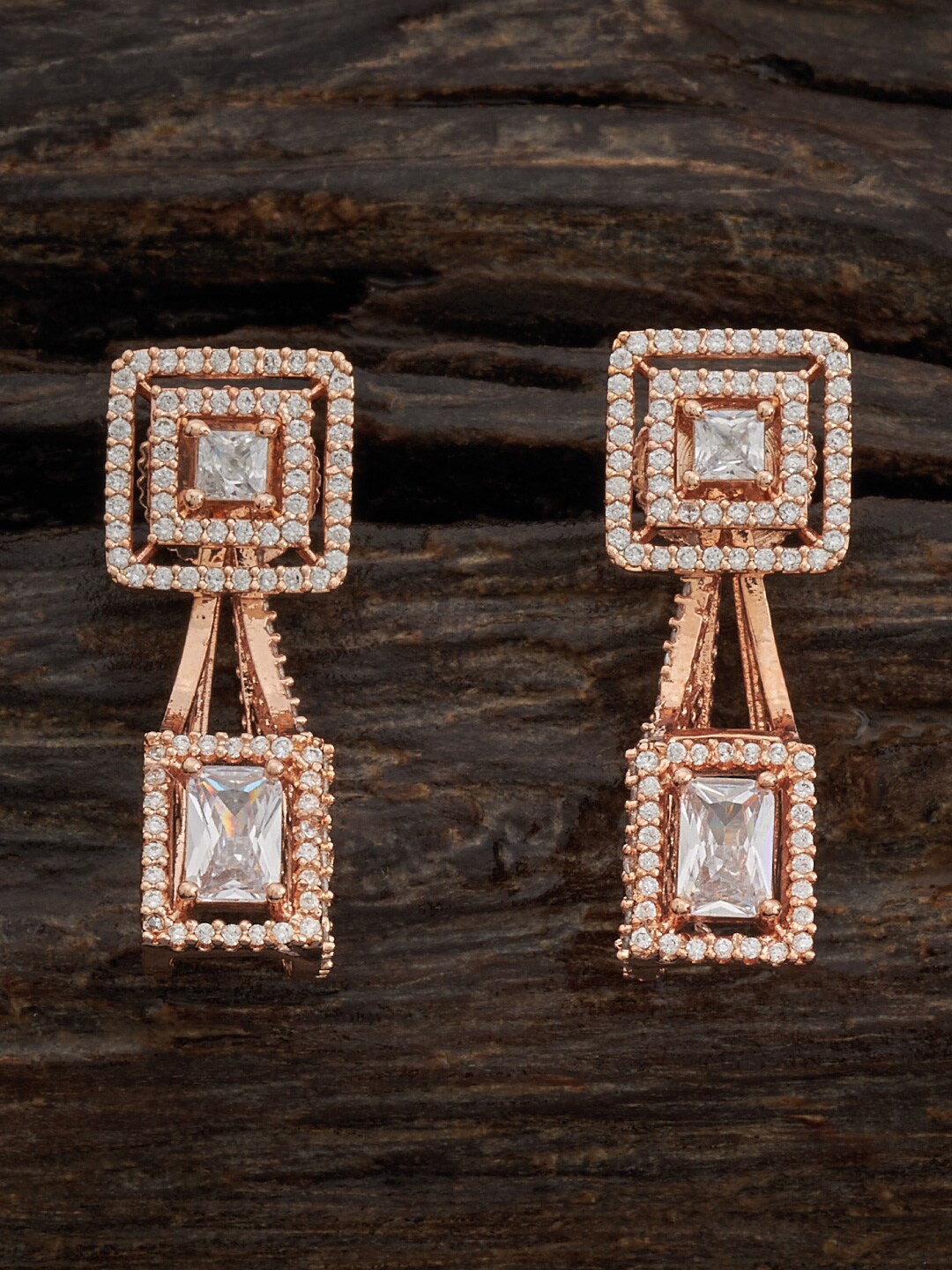 

Kushal's Fashion Jewellery Rose Gold-Plated Cubic Zirconia Studded Drop Earrings