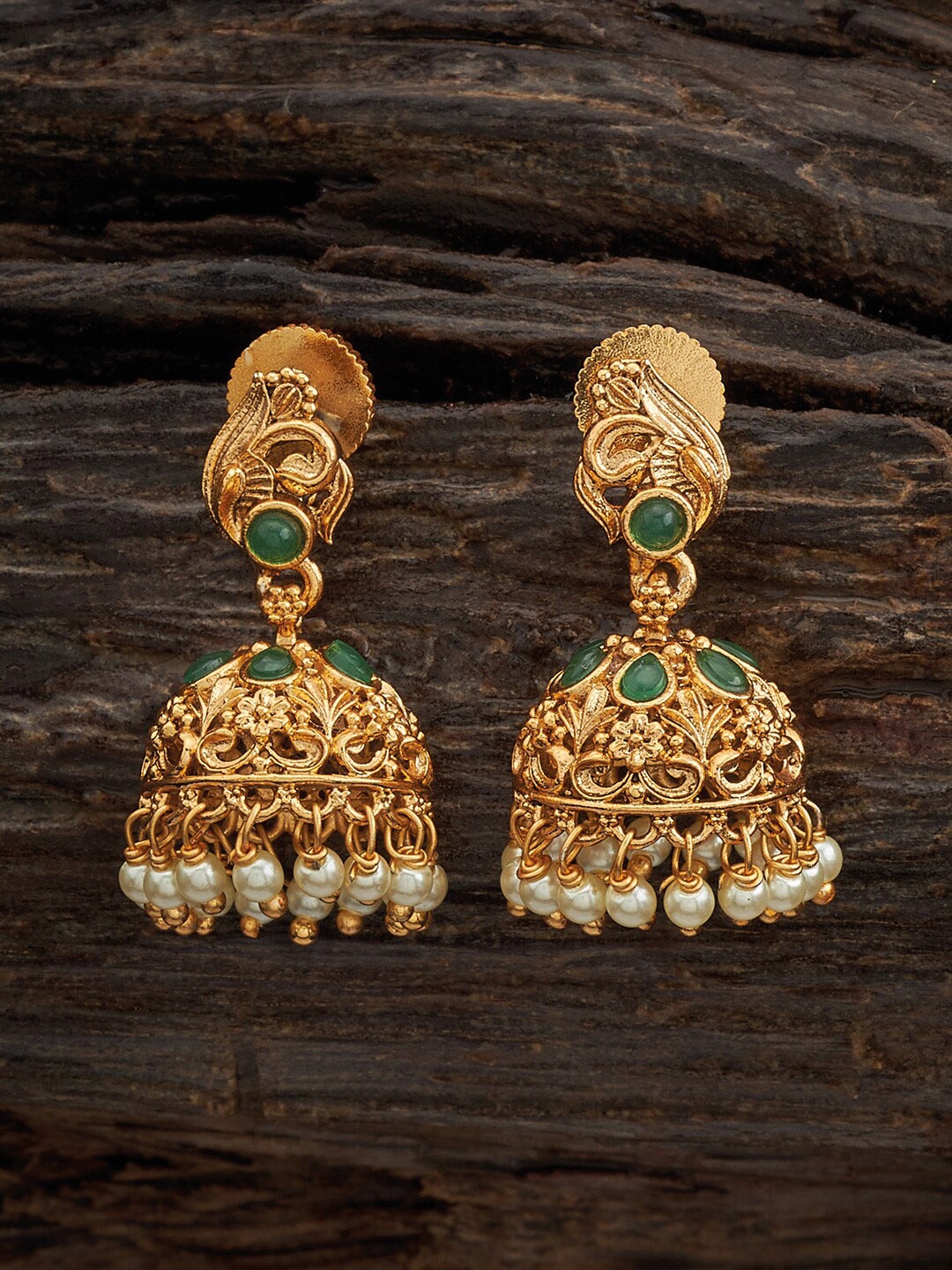 

Kushal's Fashion Jewellery Gold Plated Dome Shaped Antique Jhumkas, Green