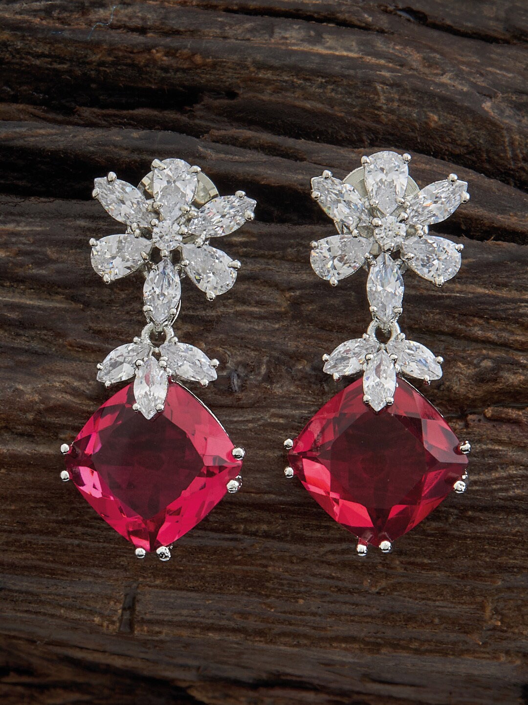 

Kushal's Fashion Jewellery Rhodium-Plated Cubic Zirconia Drop Earrings, Red